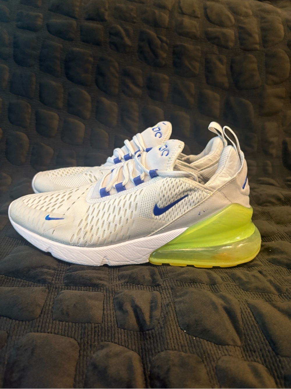 Nike White Sneakers with Blue Swoosh and Volt Air Unit